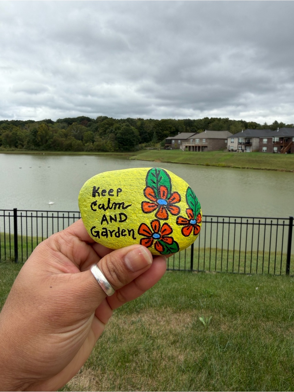 Hand-Painted Garden Rock - Yellow with Floral Design